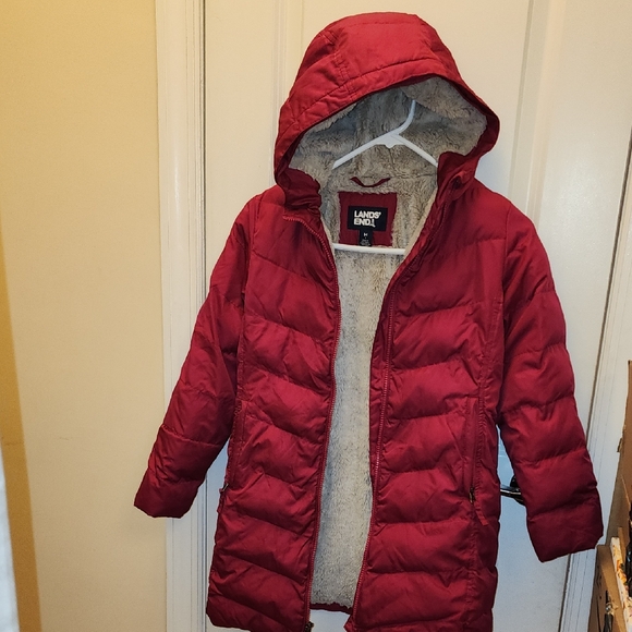 Lands' End Kids Deep Red Cozy Fleece FUR Lined Parka Coat LIKE NeW